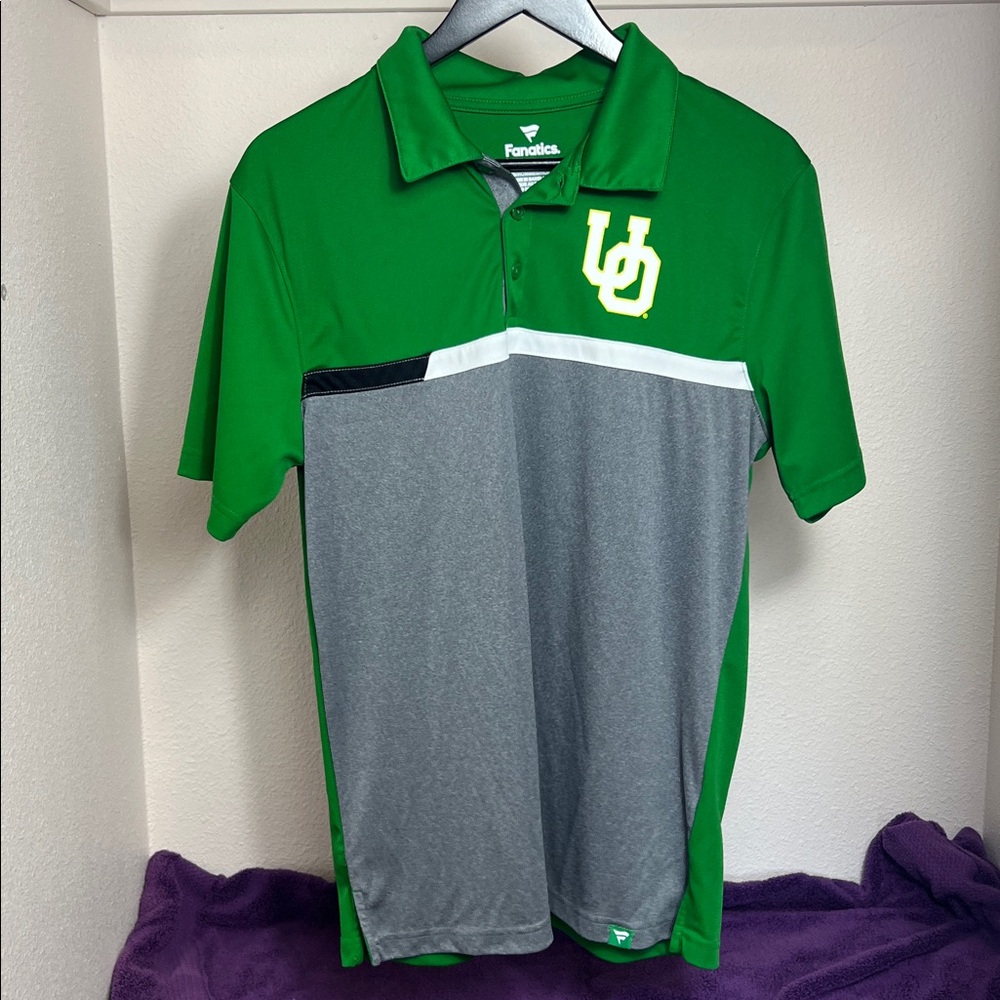 U Of O Fanatics Polo, Green & Gray, Polyester, Mens Short Sleeve Size Medium